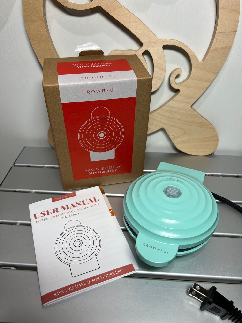 Crown Mini Waffle Maker Red and Brown Packaging